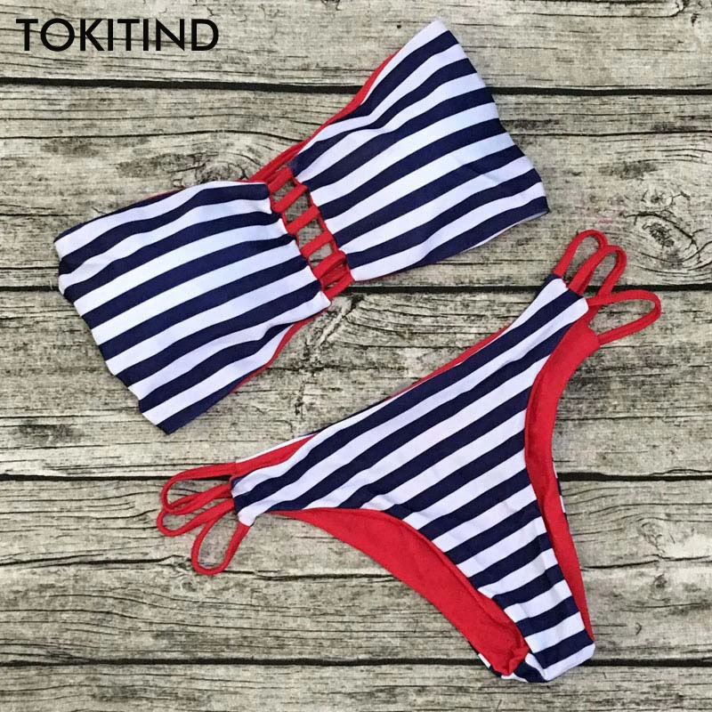 

TOKITIND Red Striped Bikini Reversible Print Swimsuit Strap Swimwear Biquini Bathing Suit Brazilian Bikini Set maillot de bain