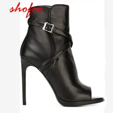 SHOFOO/обувь; красивая и Стильная черная кожа; ; сапоги на высоком каблуке 12 см; сапоги с открытым носком Размер: 34-45