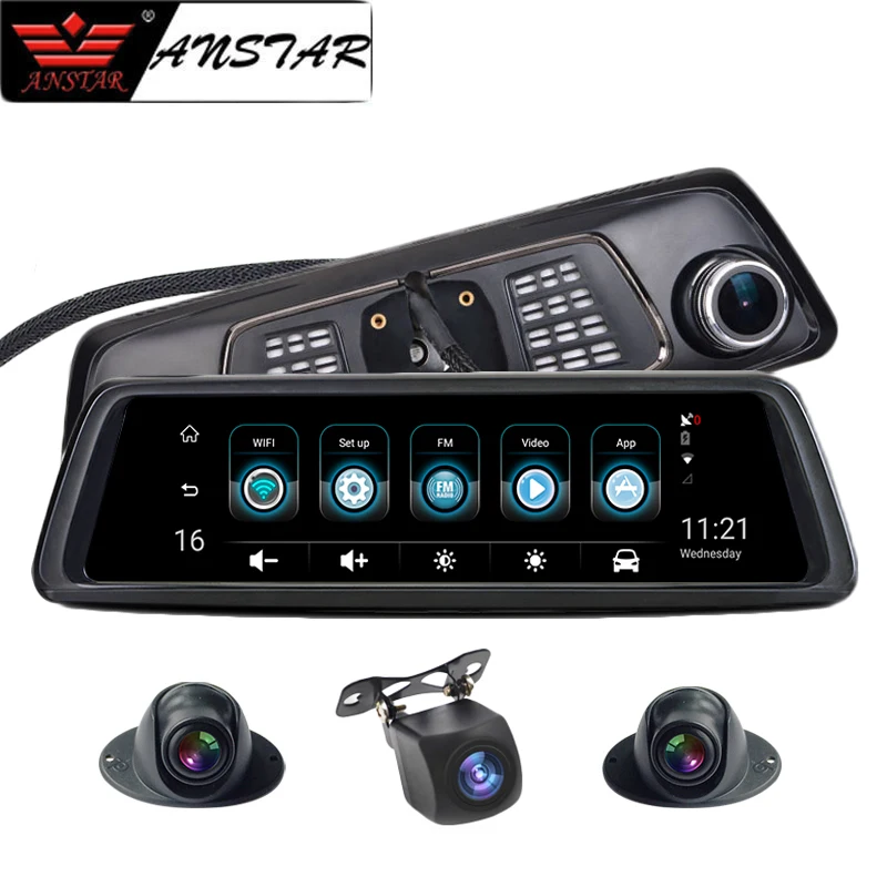 Anstar 10" 4G Rear View Mirror Car DVR 4 Channel Cameras Android Octa