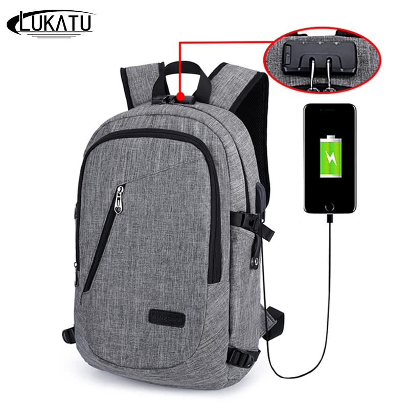 

LUKATU Men Backpack Anti Theft Password Locks Man USB Charging Laptop Backpacks Whit Headphone Plug Casual Travel Bags mochila