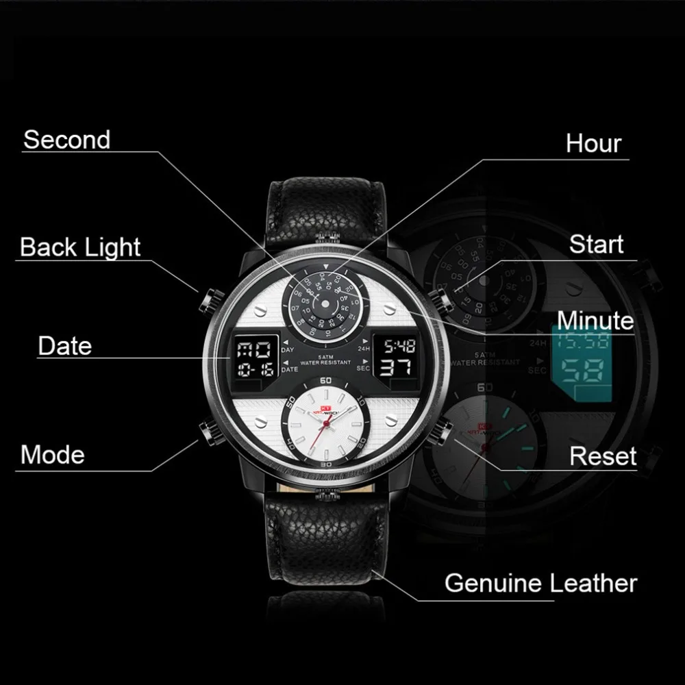 KAT-WACH брендовые роскошные мужские спортивные часы водонепроницаемые кожаные с большим циферблатом деловые кварцевые цифровые часы с двойным часовым механизмом мужские часы