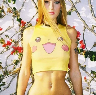 

2015 New Women Cartoon Pattern Sexy Crop Top Colorful Camis Sailor Moon Pokemon Pika Printing Sleeveless T-shirts Casual Tee