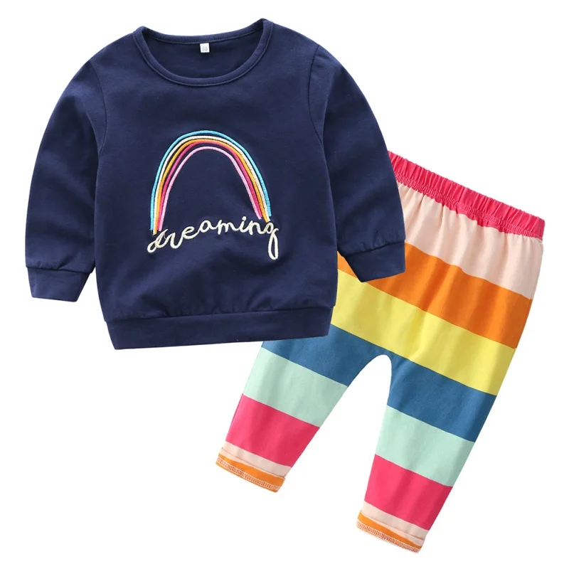 

Foreign Trade 95% Cotton Children's Clothing Infant Child Long-Sleeved Letters Rainbow Embroidery T-shirt Striped Pants A
