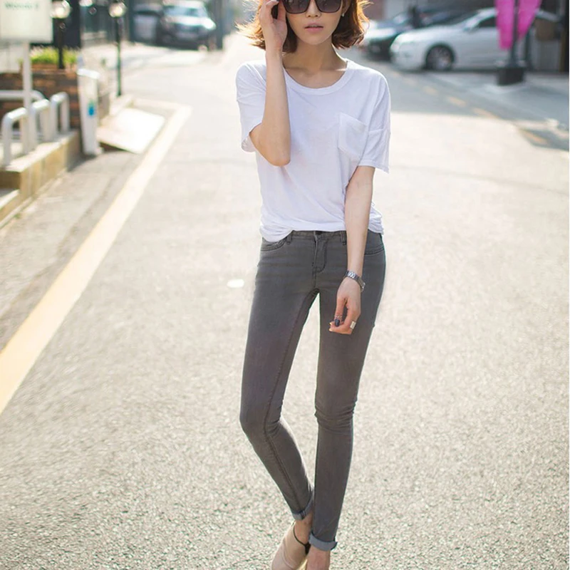 Женские джинсы, высокая талия, корейские женские серые леггинсы, узкие брюки, черные женские джинсы, женские обтягивающие джинсы