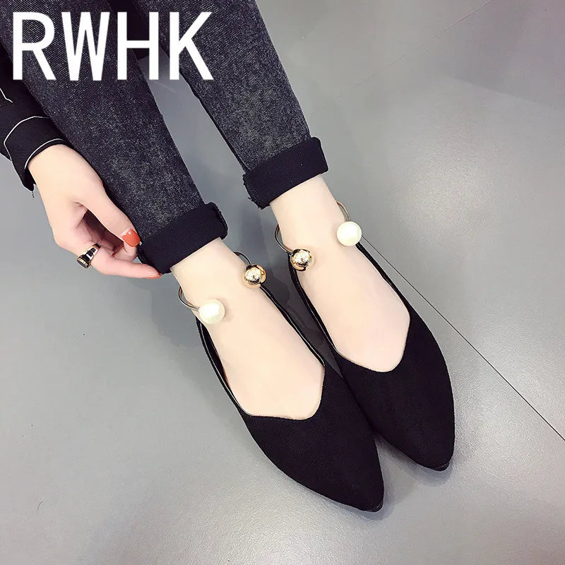 

RWHK Single shoes women's shoes flat shoes pointed 2019 summer new wild Korean version of shallow mouth pearl flat shoes B445