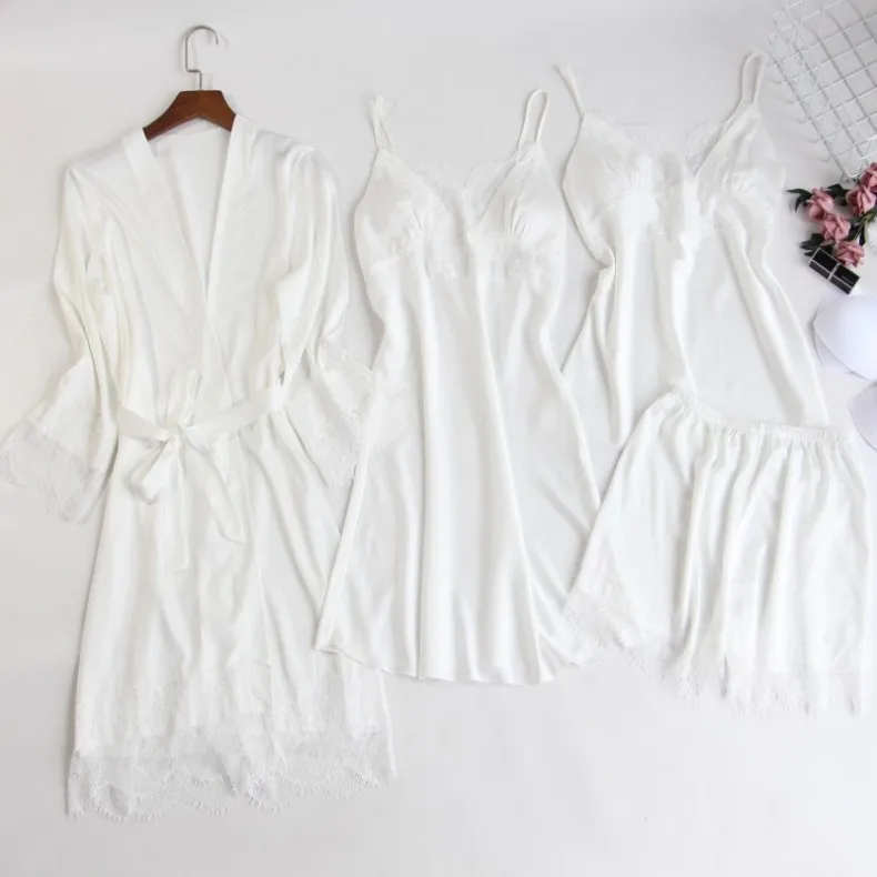 MECHCITIZ шелковые пижамные комплекты, женский халат, одежда для сна на бретельках, короткий пижамный комплект из 4 предметов, весенне-летняя атласная пижама с кружевами, банный Халат - Цвет: Белый