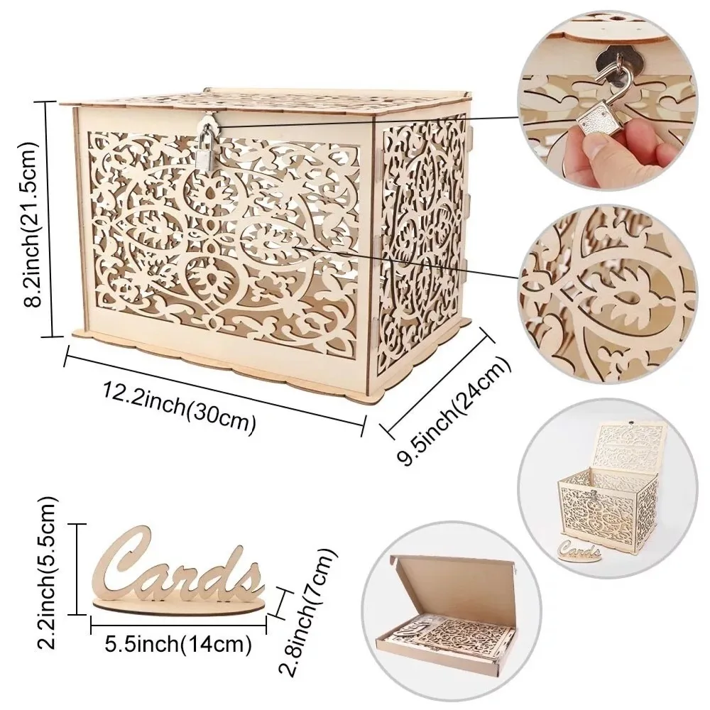  Vintage Wedding Baby Shower Card Box With Lock DIY Wooden Money Box Birthday Gifts For Party Decora