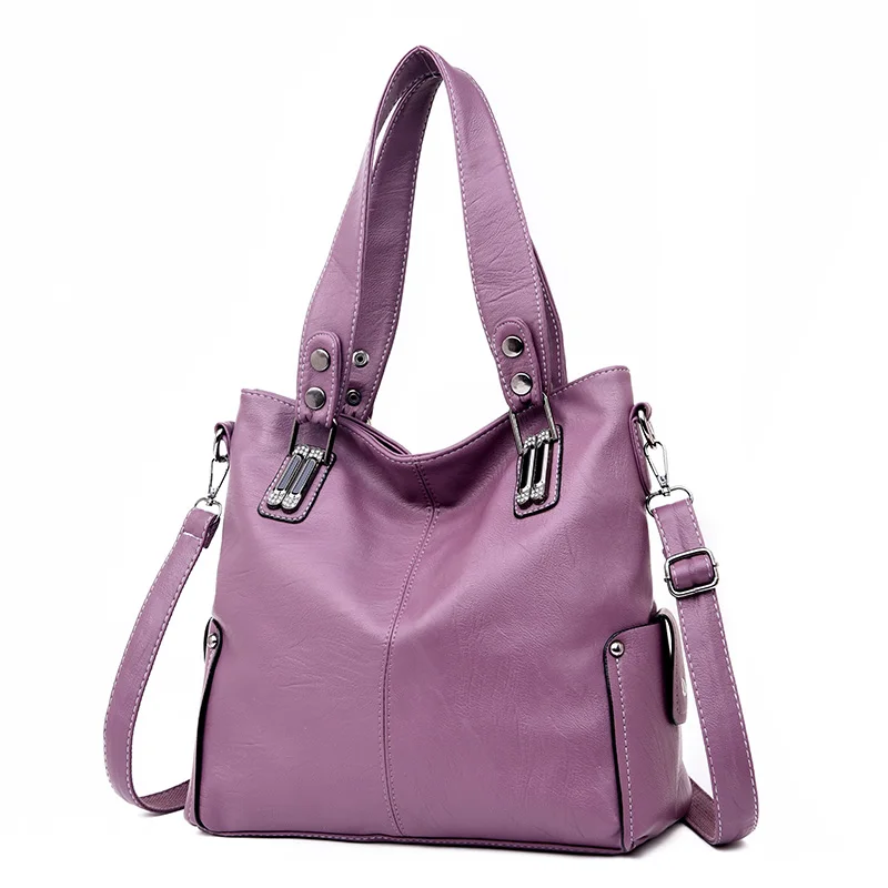 Новые модные женские кожаные сумки, женская кожаная сумка через плечо, женская большая сумка-мешок, черная/красная сумка - Цвет: Purple