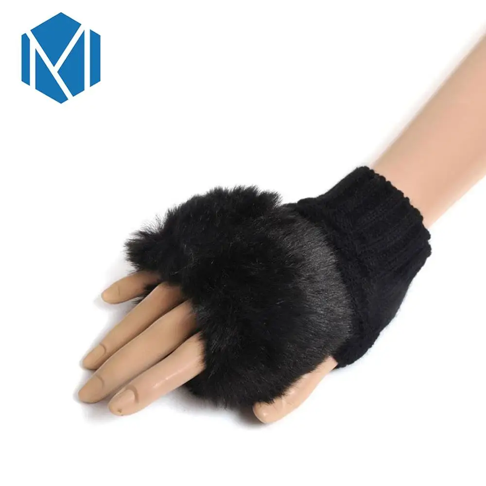 Зимние меховые без пальцев перчатки с имитацией кролика, теплые вязаные перчатки для женщин и девушек, перчатки на запястье, варежки, рождественский подарок - Цвет: Black