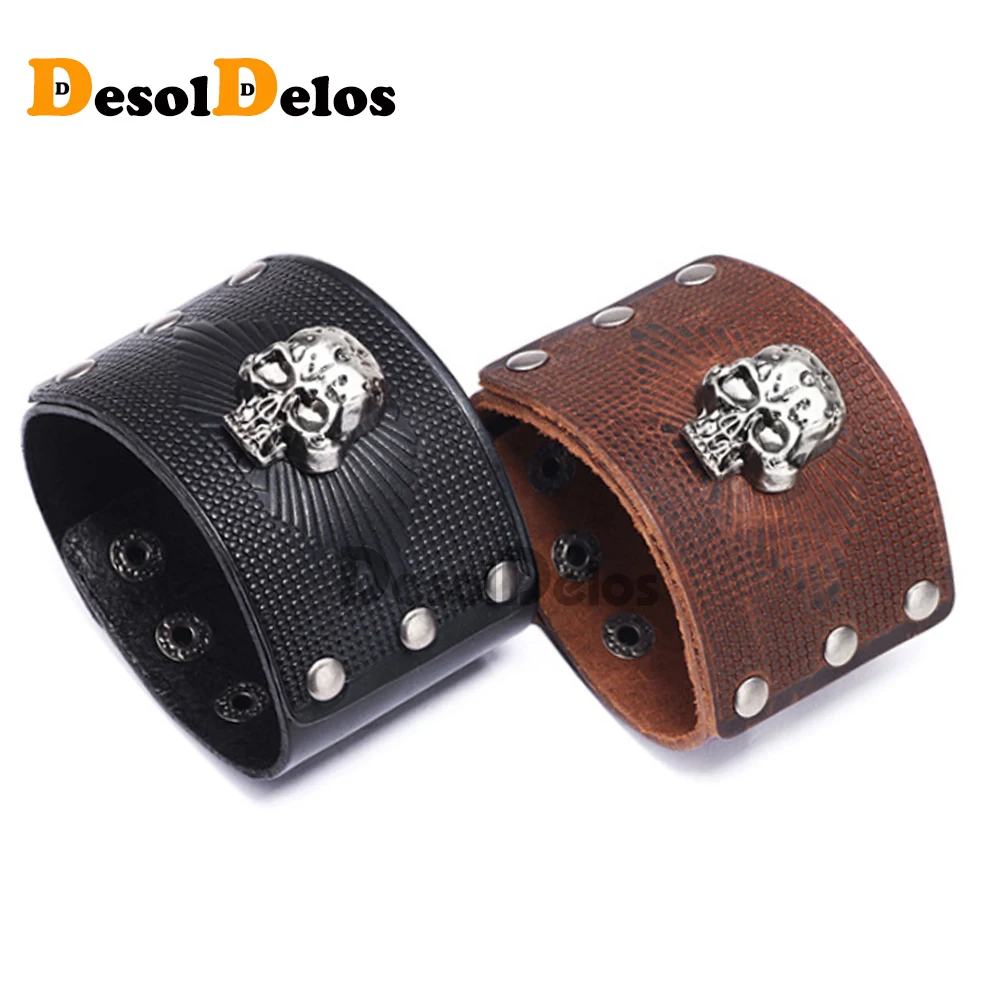

Vintage Punk Big Wide Genuine Leather Braid Wrap Bracelet Skull Bangle Wristband Cuff Snap Clasps for Male Men Jewelry Gifts