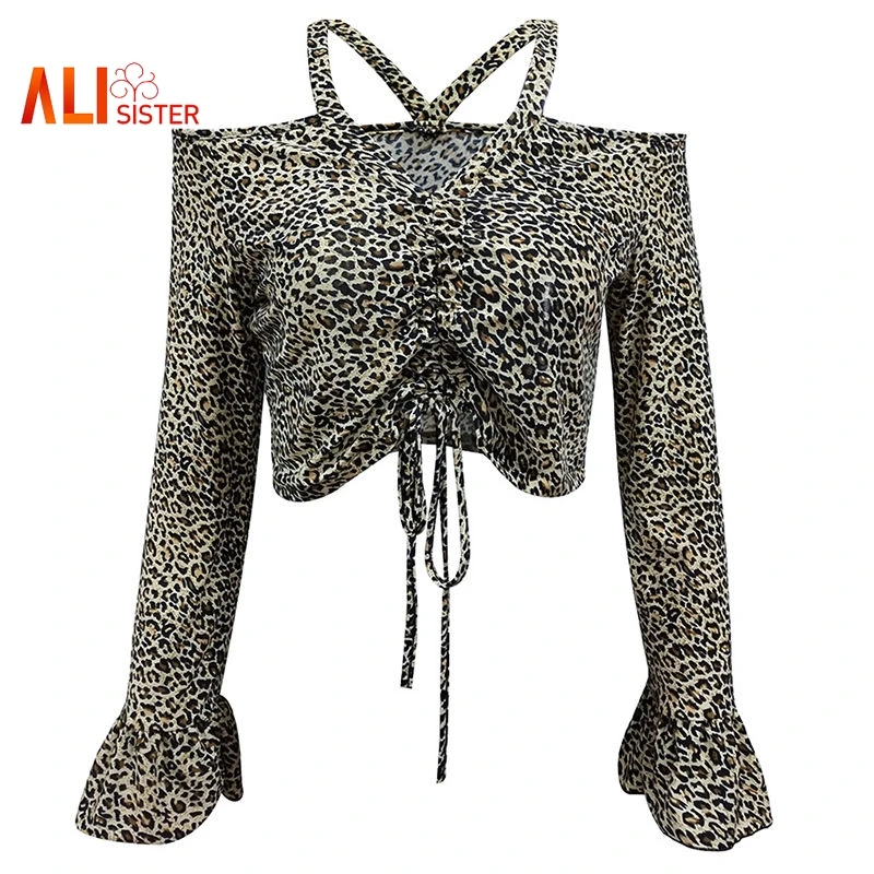 Alisister леопардовым принтом Sexy с плеча футболка Для женщин Slash шеи короткий топ с расклешенными рукавами тонкая футболка женский галстук со