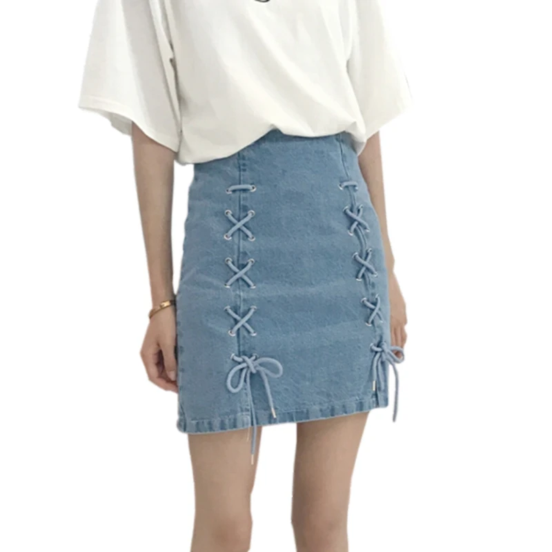 Baratos 2018 estilo chic mujeres verano de alta cintura a line Mini Denim faldas casual mujeres más tamaño abierto tenedor correas denim faldas