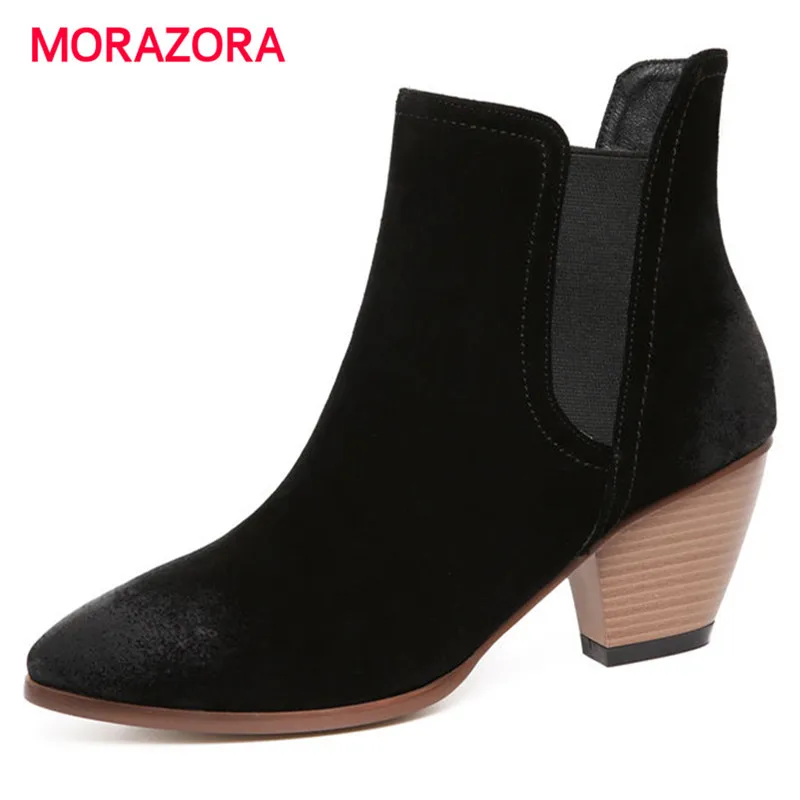 

MORAZORA 2018 new high heel ankle boots foe women stretch fabric+kid suede leather boots autumn winter slip on short plush boots