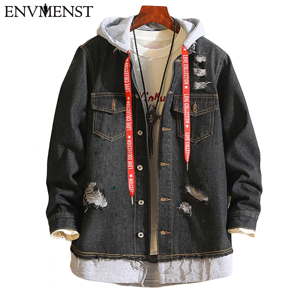 Goedkoop Envmenst 2018 Nieuwe Stijl Gat Hip Hop Denim Jas Voorjaar Mannen Nep Twee Stukken Lint Hooded Denim Jacket Jassen