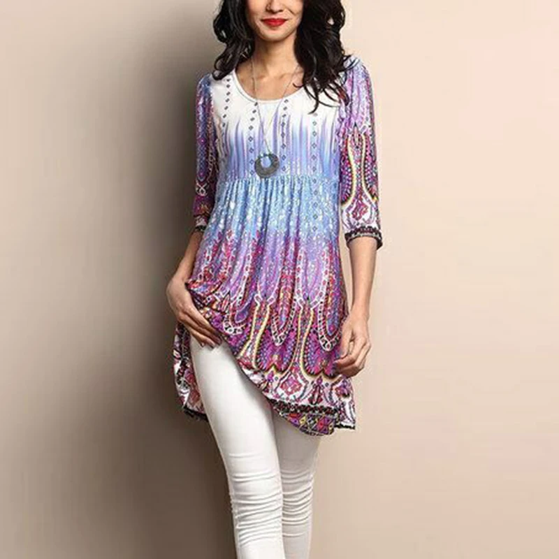 5XL-Large-Size-2019-Long-T-Shirt-Dress-Women-Boho-Dress-Casual-O-Neck-Three-Quarter