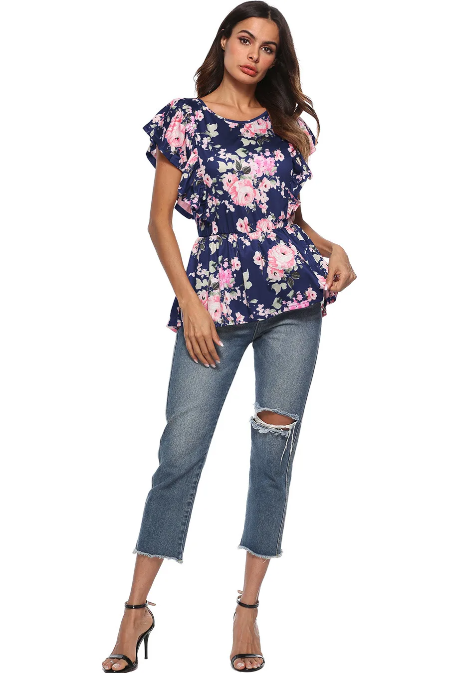 Gladiolus 2018 Floral Print Women T-Shirts O-Neck Butterfly Sleeve Blue Red Slim T Shirt Women Summer Casual Ruffled Ladies Tops (9)