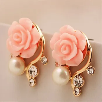 Ahmed Jewelry New Brand Design Alloy Rose Pearl Stud Earrings For Women 2017 New Accessories Wholesale
