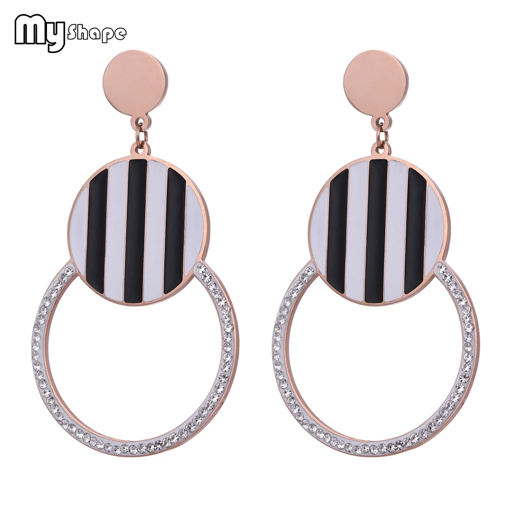 

My Shape Black White Stripe Crystal Rhinestone Round Drop Earrings Stainless Steel Geometric Earrings Jewelry Women Bijoux 2019