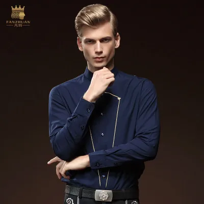 FanZhuan/ ; Новинка года; мужские вечерние осенние черные рубашки с вышивкой и воротником-стойкой; топ с длинными рукавами; 2028 - Цвет: Синий