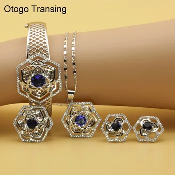 

Otogo Transing 2019 Party Silver Color Jewelry Sets Women Fashion Blue Crystal Ring Earrings Necklace Bracelet Flower SET214