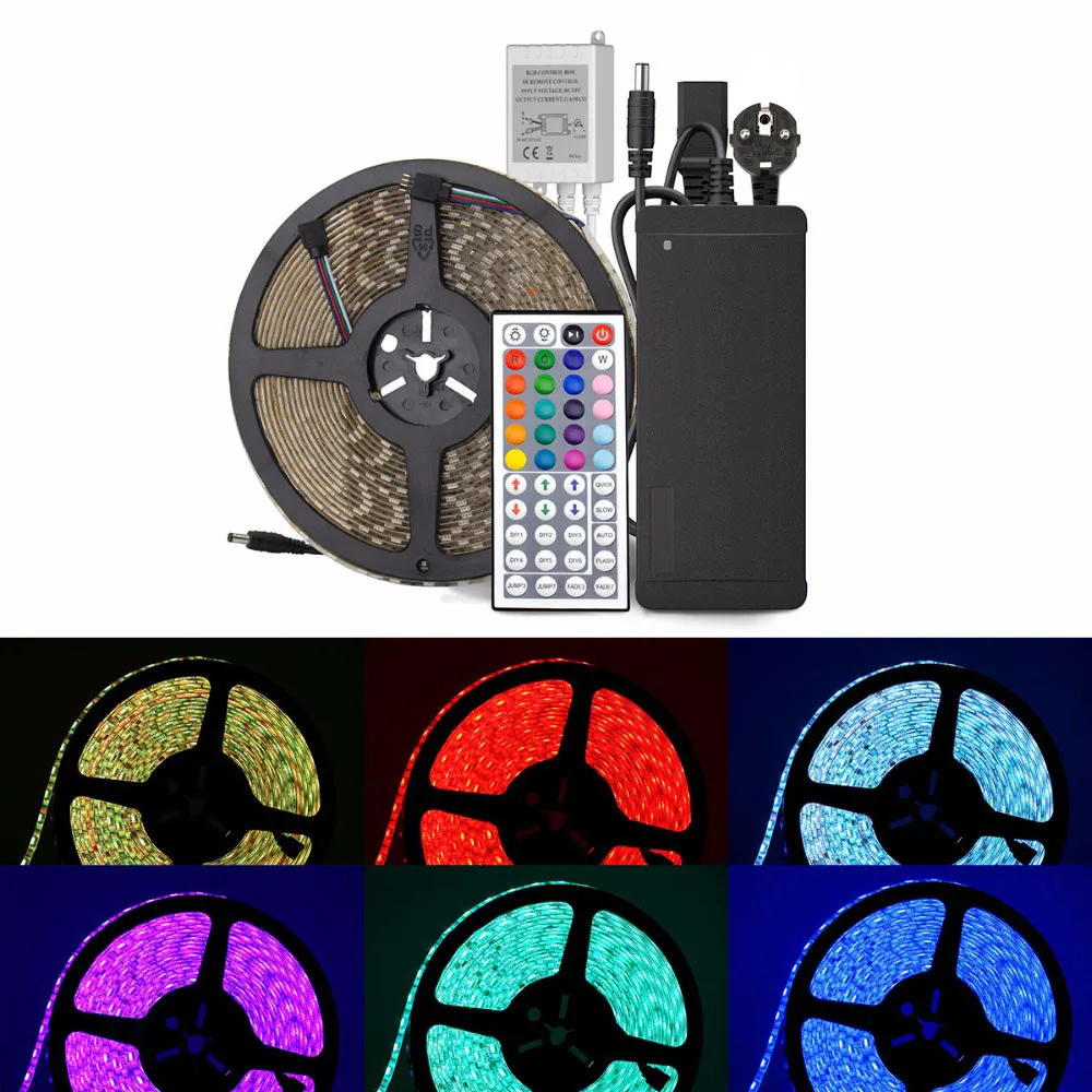 RGB LED Strip Light kit 10M SMD5050 600LEDs IP65 Waterproof Lamp+44 Keys IR Remote Controller+DC24V 5A Power Supply_
