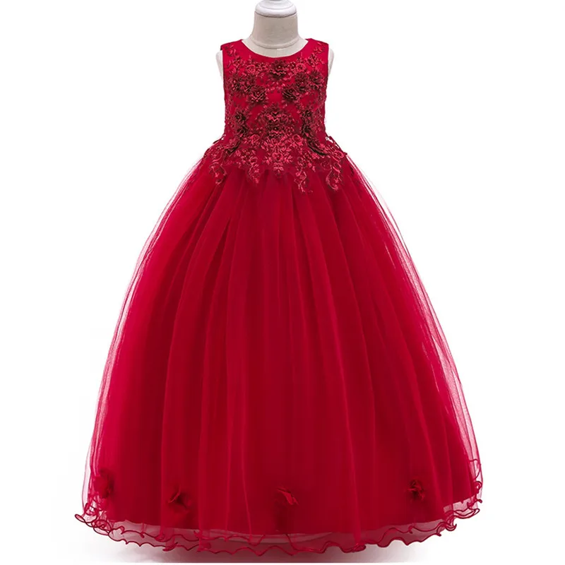 Свадебное платье для девочек-подростков 4-14 лет, украшенное бусинами, с цветочным узором элегантное праздничное платье принцессы, торжественное платье с фатиновой юбкой без рукавов