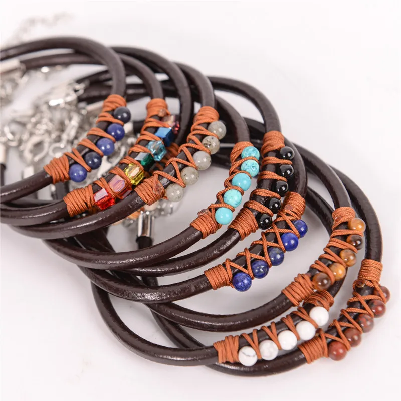 

2018 Latest Women Leather Bracelets High End Mix Natural Stones Crystal Wrap Bracelets Vintage Comfortable Bead Bracelet