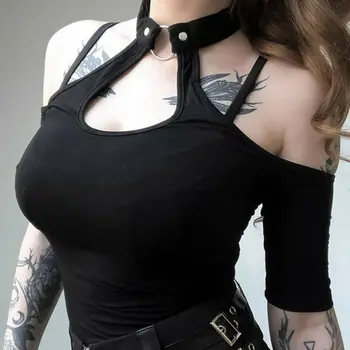 

Sexy Bandage Women Short Sleeve Gothic Tops Cold Shoulder Halter Neck Chain Punk Backless Shirts Black