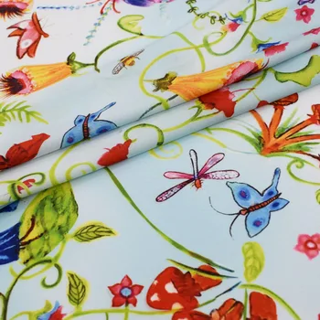 

Light green wild mushrooms and poppies print crepe satin fabric for summer dress bazin riche getzner telas por metro tissu DIY