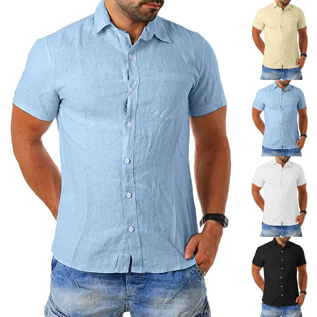 

2019 Men's Short Sleeve Shirt Loose Cotton Blend Pocket Solid Color Short Sleeve Lapel Collar 7.18