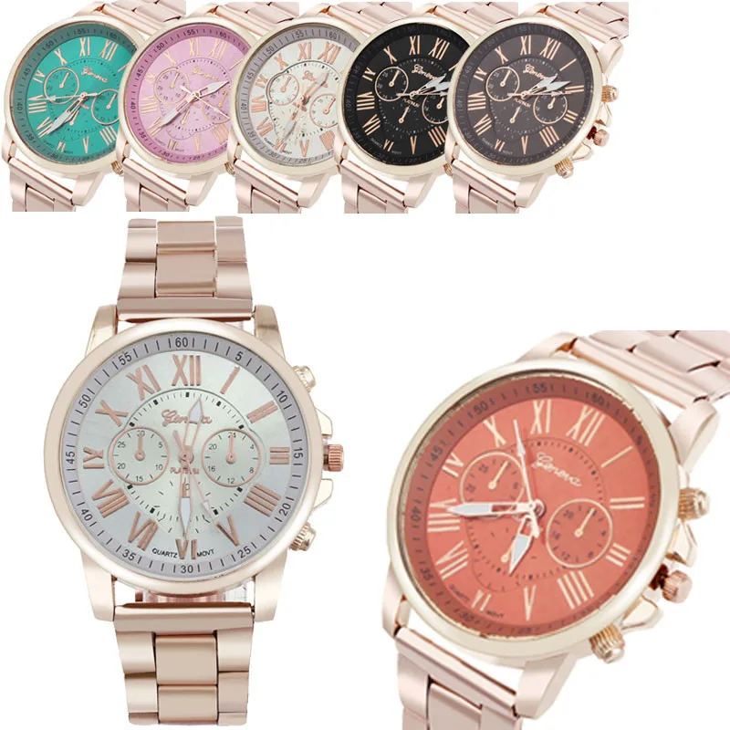 Женские часы Geneva с римскими цифрами, аналоговые кварцевые часы из нержавеющей стали розового золота, женские наручные часы reloj mujer