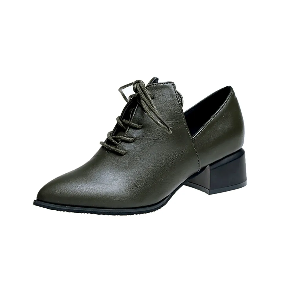 

Women's Retro Lace-Up Pointed Toe Flat leather Single Shoe Non-Slip Martin Boots Square Heel Boot