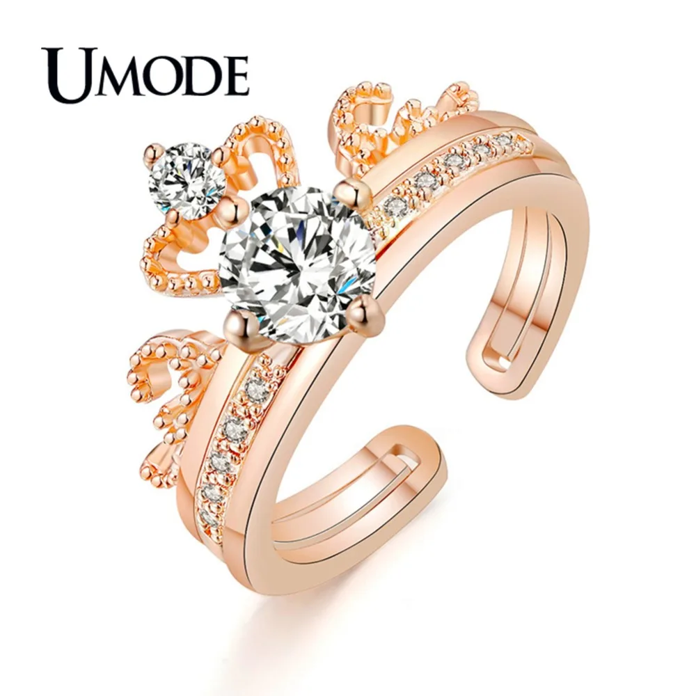 

UMODE 2018 New Fashion Clear Zircon Crown Ring for Women Detachable Double Rings Rose Gold Color Anillo Mujer Moda Gift AUR0443A