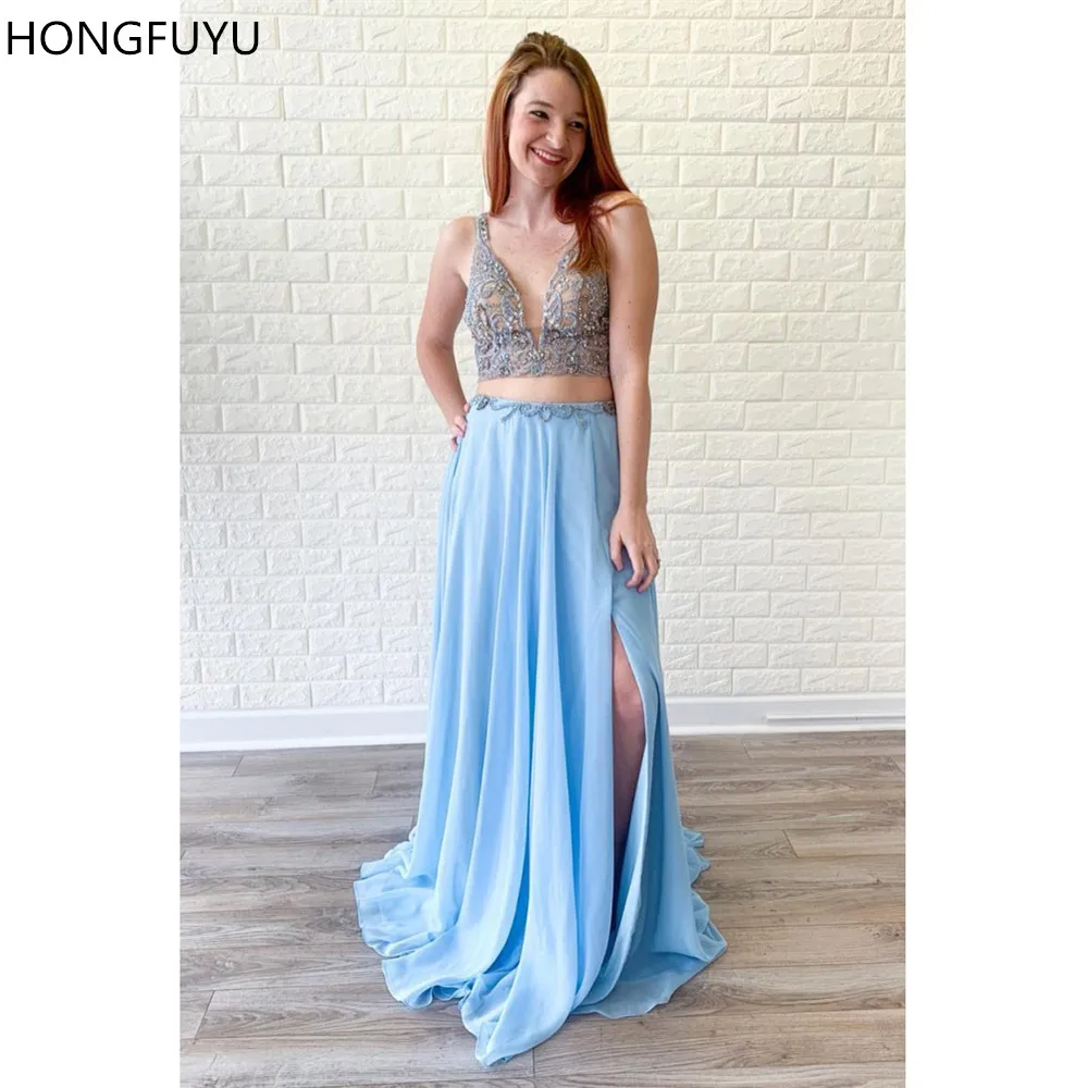 

HONGFUYU Two Piece Beading Prom Formal Dresses with Slit Sky Blue A Line Chiffon Sleeveless robe de soiree Evening Party Gowns