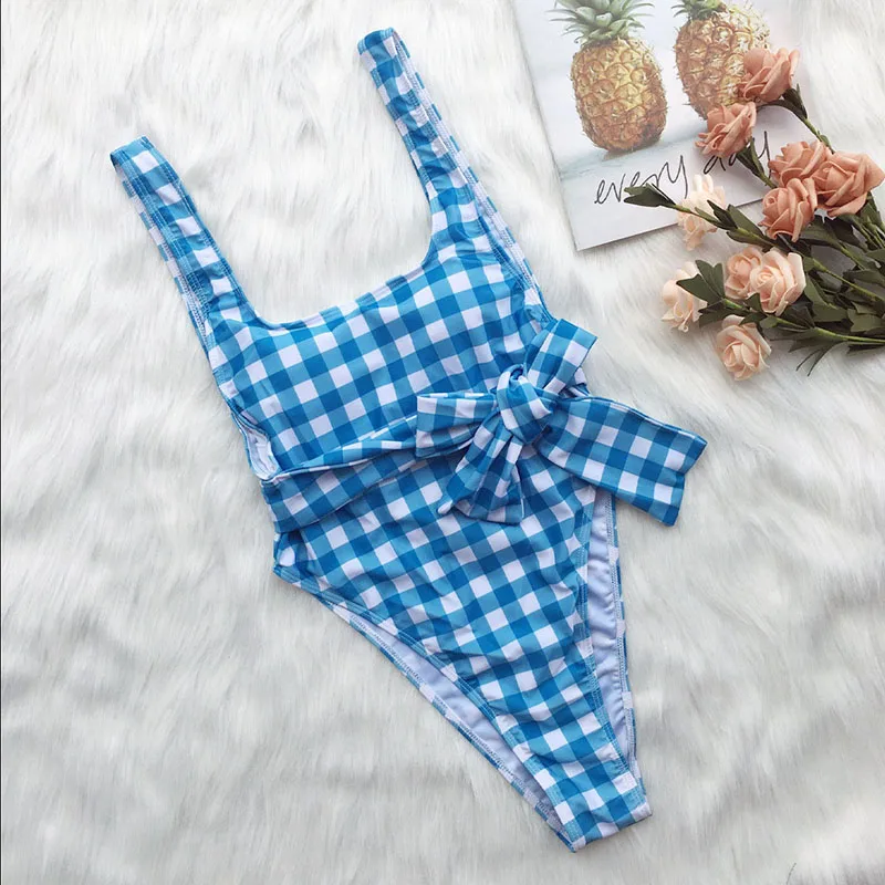 Sky Blue Plaid Women Bandage One Piece Swimsuits New Big Bow Waist Straps Maillot de bain Backless High Bathing Suit S08 | Спорт и