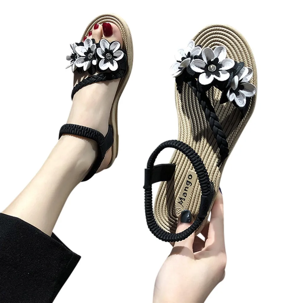 Sandalias planas de mujer de flores rosas romanas para mujer, Sandalias  planas de playa con tejido de flores Bohemias de verano para mujer,  sandalias Zapatos romanos|Sandalias de mujer| - AliExpress