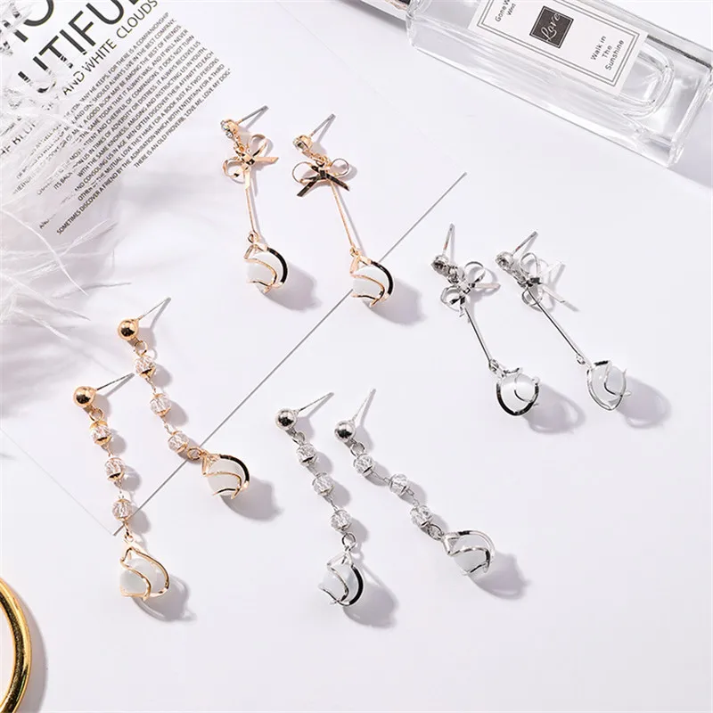 

High Grade Crystal Geometry Round Bowknot Shaped Long Tassel Stud Earring For Women Girls Fashion Ear Jewelry Birthday Gifts