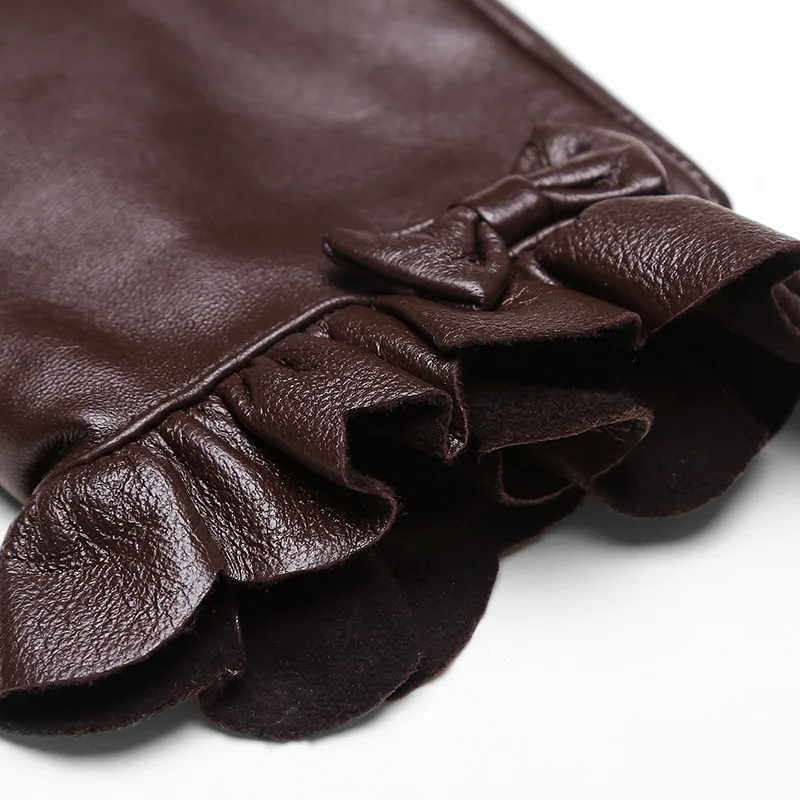 Genuine Leather Women Gloves Autumn Winter Plush Lined Keep Warm Wrist Flounced High Quality Goatskin Female Mittens ZX72