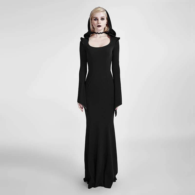 Gothic Vrouwen Lange Jurk met Kap Steampunk Zwarte Lange Mouw Vloer-lengte Jurk Halloween Kostuum Priestess Hooded Dress Gothic Vrouwen Lange Jurk met Kap Steampunk Zwarte Lange Mouw Vloer-lengte Jurk Halloween Kostuum Priestess Hooded Dress