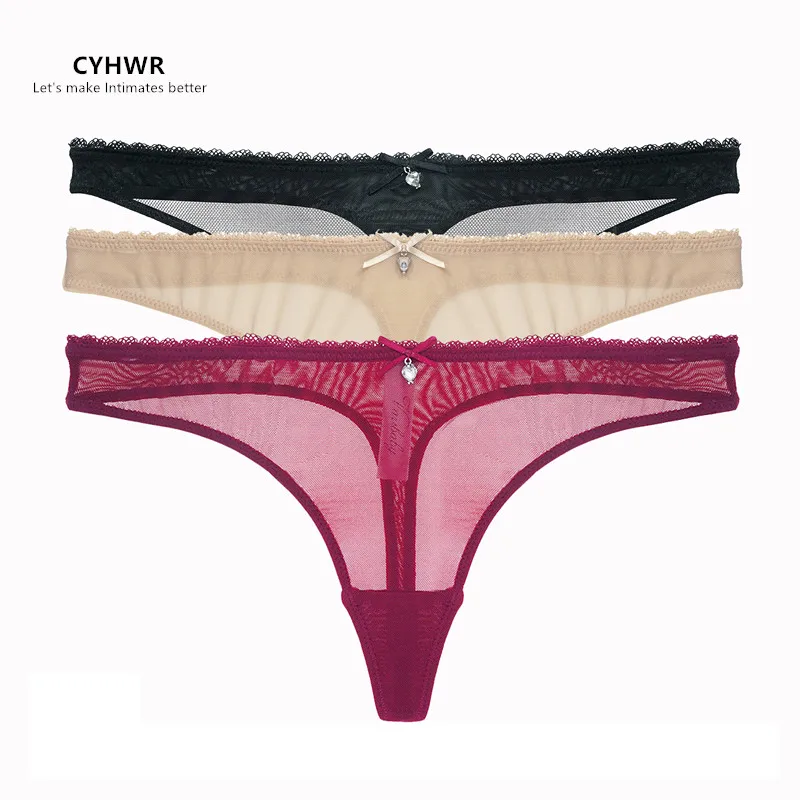 CYHWR Women's Sexy Sheer Panties Thong Mesh G-Strings Low Rise Brief Underwear, 3-Pack - Цвет: Black-Beige-Red