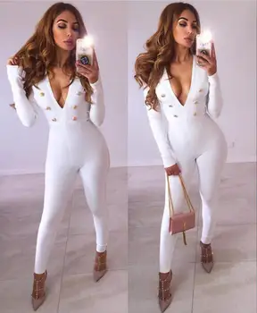 

New Women Sexy Long Sleeve V Neck Button White Bandage Jumpsuit 2018 Knitted Bodycon Designer Bandage Jumpsuit