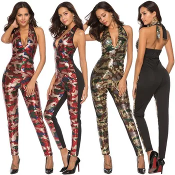 

2019 Autumn Sexy Halter Camouflage Sequin Jumpsuit Women Club Party Rompers Womens Jumpsuit Sexy Jumpsuits Red Dropshipping