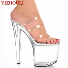Классные прозрачные шлепанцы с кристаллами на очень высоком каблуке 20 см; высокие водонепроницаемые туфли из ПВХ; пикантные танцевальные туфли для ночного клуба