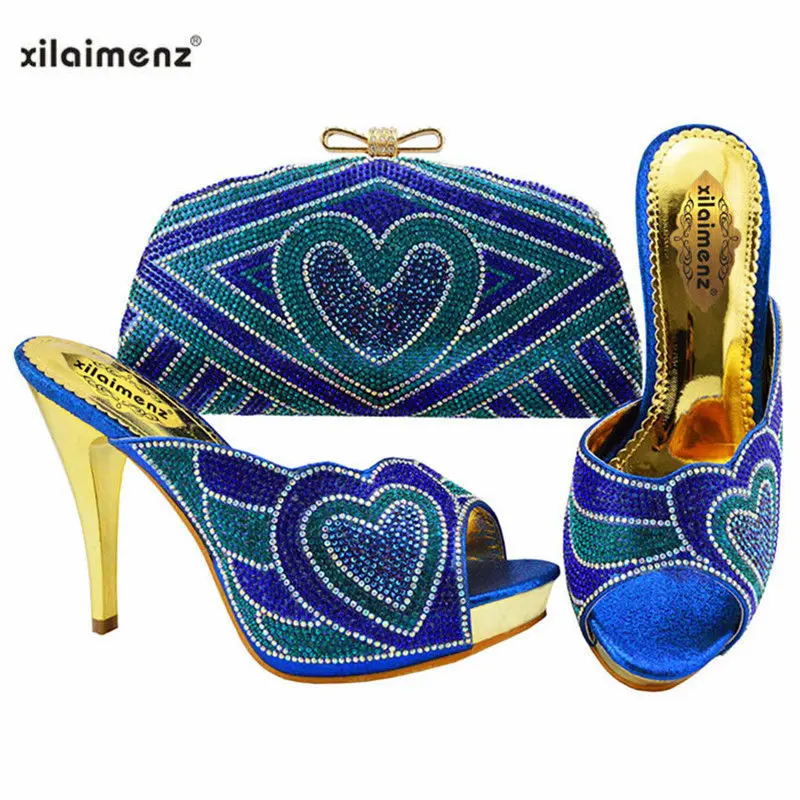 

New Shop 40% Discount Royal-Blue Color 2018 New Arrivals Nigerian Women Ladies Shoes with Matching Bag With Crystal Slipper