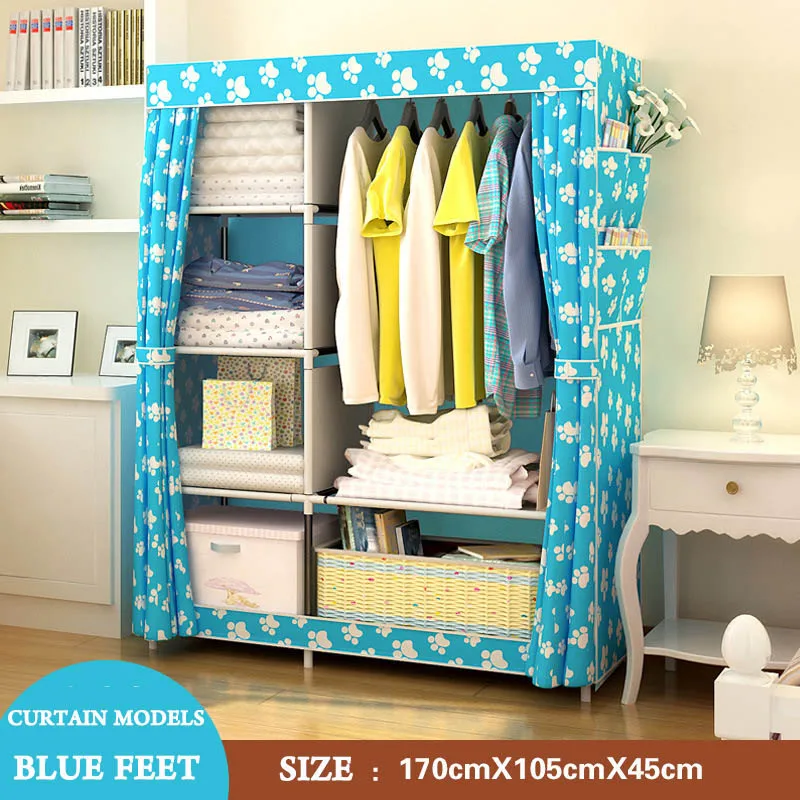 Простой шкаф, нетканый стальной каркас трубы, подкрепление, стоячий органайзер для хранения, съемный шкаф для одежды, мебель для спальни - Цвет: Curtains - blue feet