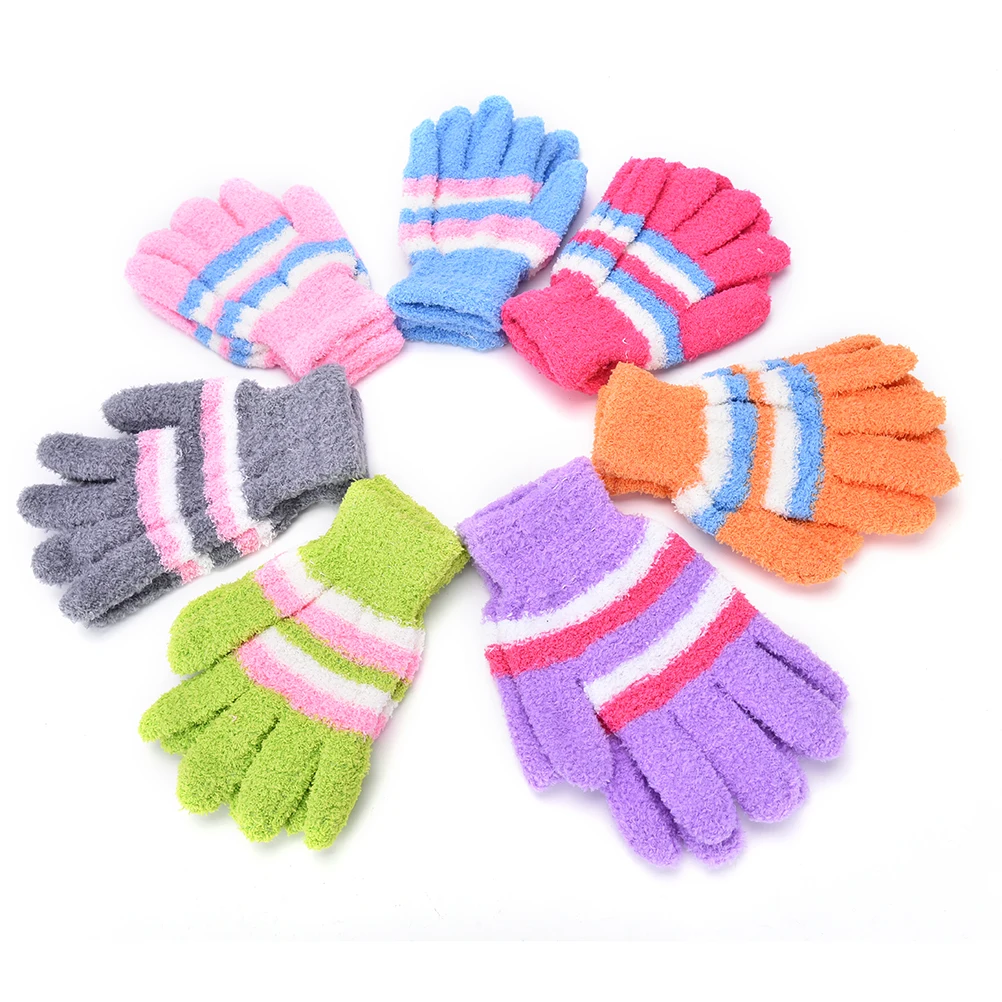 1 пара, цветные теплые зимние детские коралловые перчатки, детские перчатки, Полосатые варежки для девочки