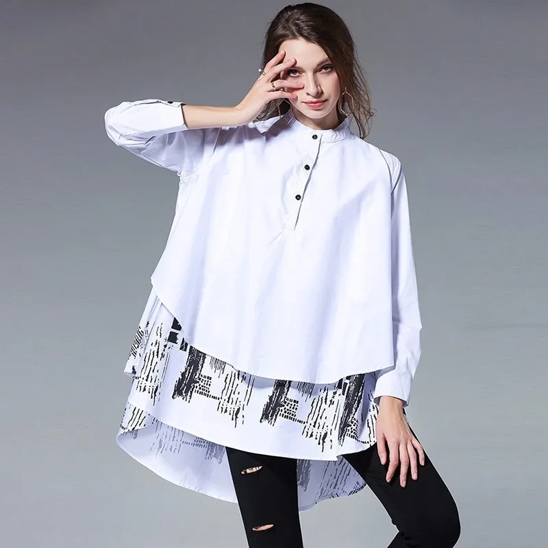 

LANMREM 2019 New Autumn Double Layer Printed Hem Women's Blouse Long Sleeve Stand Collar Big Size Loose Shirts S056