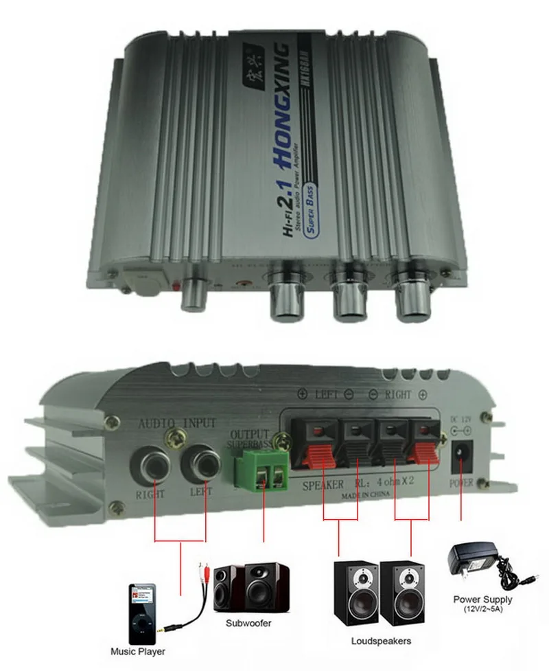 HX-168 Щепка 2,1 канала стерео мини аудио автомобиля разъем Усилитель-сабвуфер из стерео-Наушники Hi-Fi соединение DC12V громкоговоритель