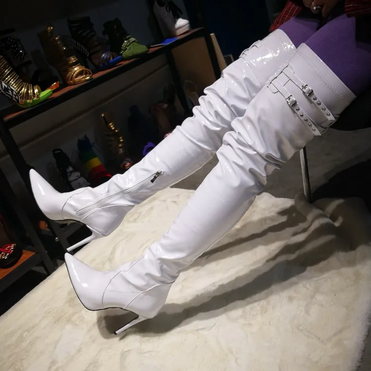 Yolm/новые женские блестящие ботфорты выше колена сапоги на высоком каблуке-шпильке великолепные белые туфли с острым носком женская обувь; большие американские размеры 5-15
