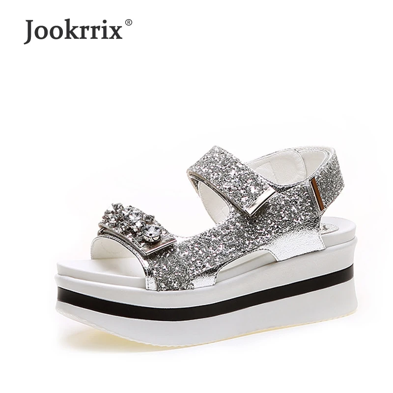 

Jookrrix 2018 Summer Sequeins Fashion Silver Glitter Sweet Girl Platform Shoe Women Bling Sandal Youth Lady Beach Sandal Crystal